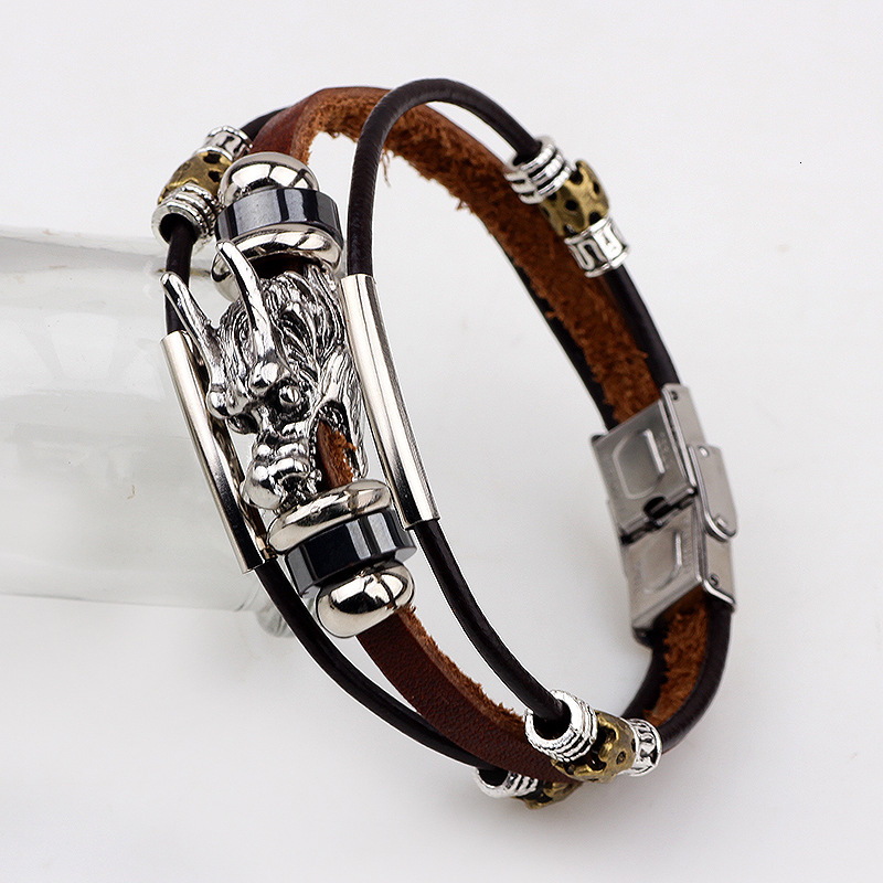 Ethnic Chinese Style Elements Dragon Head Cowhide Multiple Leather Straps Bracelet for Men High-end Feel ddmymoon
