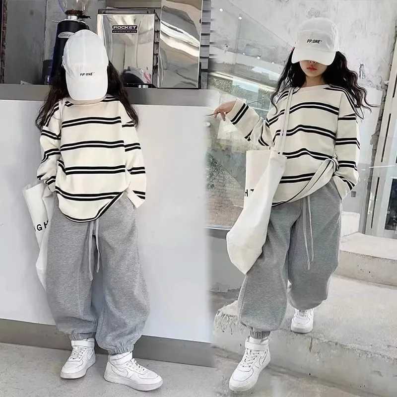 Spring Autumn Girls Cotton Contrast Striped Workout SweatshirtSweatpant Sets School Kids Tracksuit Child Jogging Outfit 516Yrs C250913