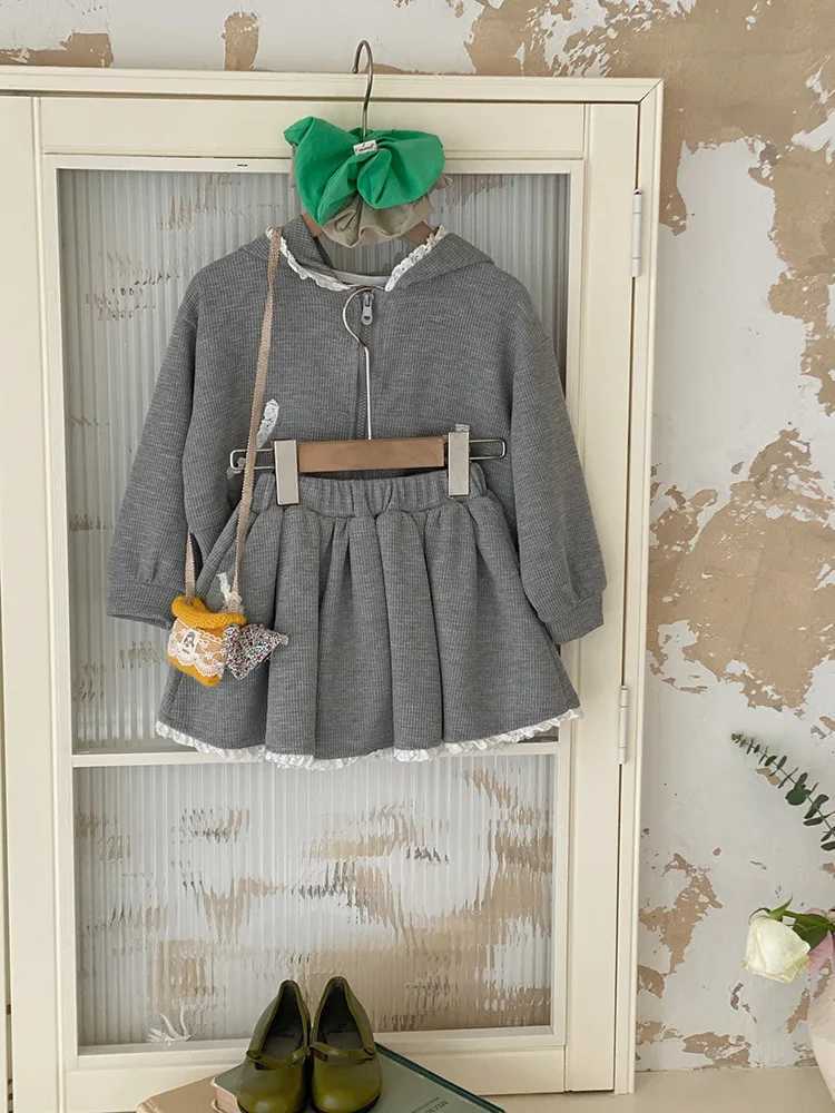 Girls Korean Version Sweet Set 2025 Spring New Lace Hooded Zipper Sweatshirt Jacket Lace Skirt Trend C250913