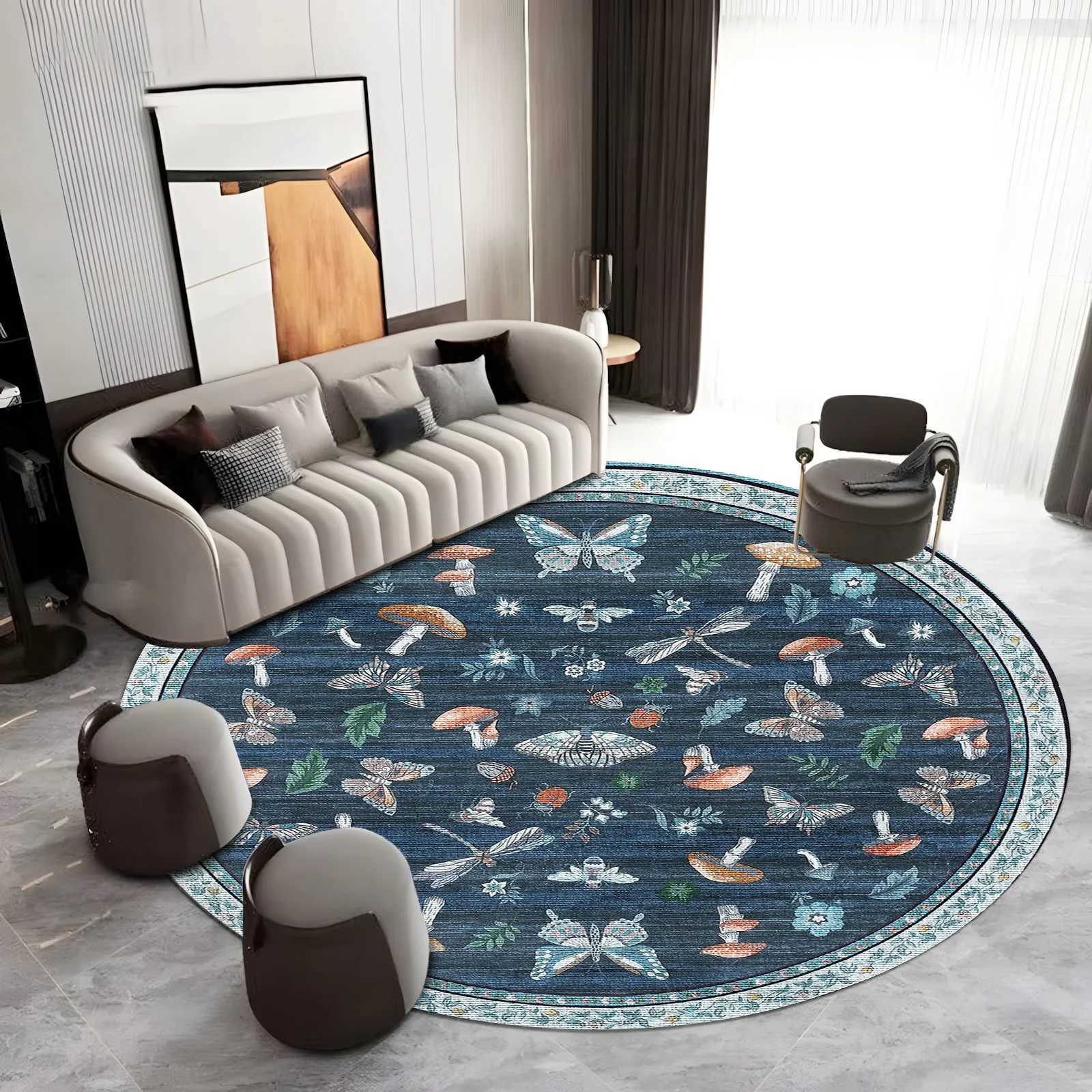Round Blue Mushroom Butterfly Area Rug NonSlip Soft Carpet for Living RoomBedroom NatureThemed Home Decor Gift C250913