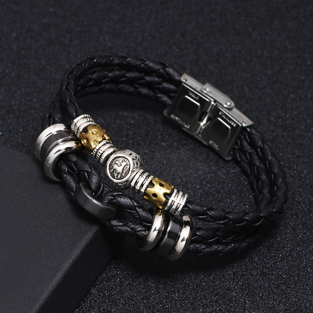 Classic Twee Constellation for Men Stainless Steel Clasp Cowhide Rope Woven Bracelet Black Gallstone CCB ddmymoon