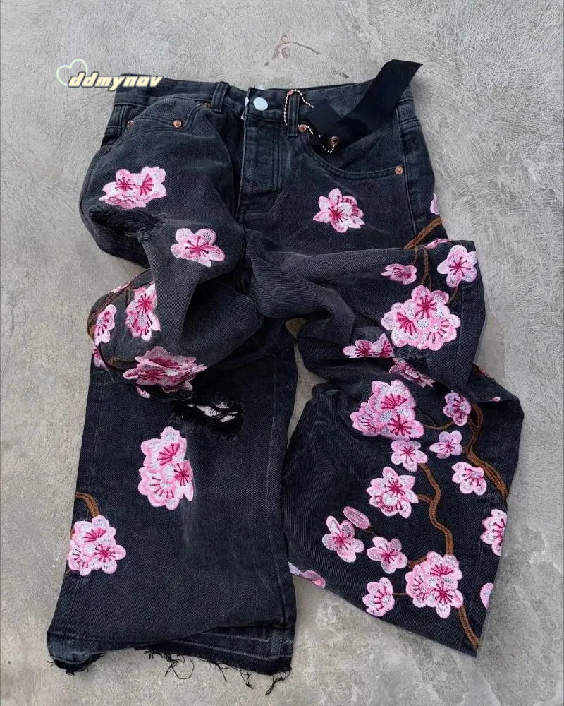 Men's Jeans Streetwear Retro Hip Hop Flower Embroidery Pattern Y2k Men And Women Casual Black Baggy Low Rise Gothic Denim Pants ddmynov