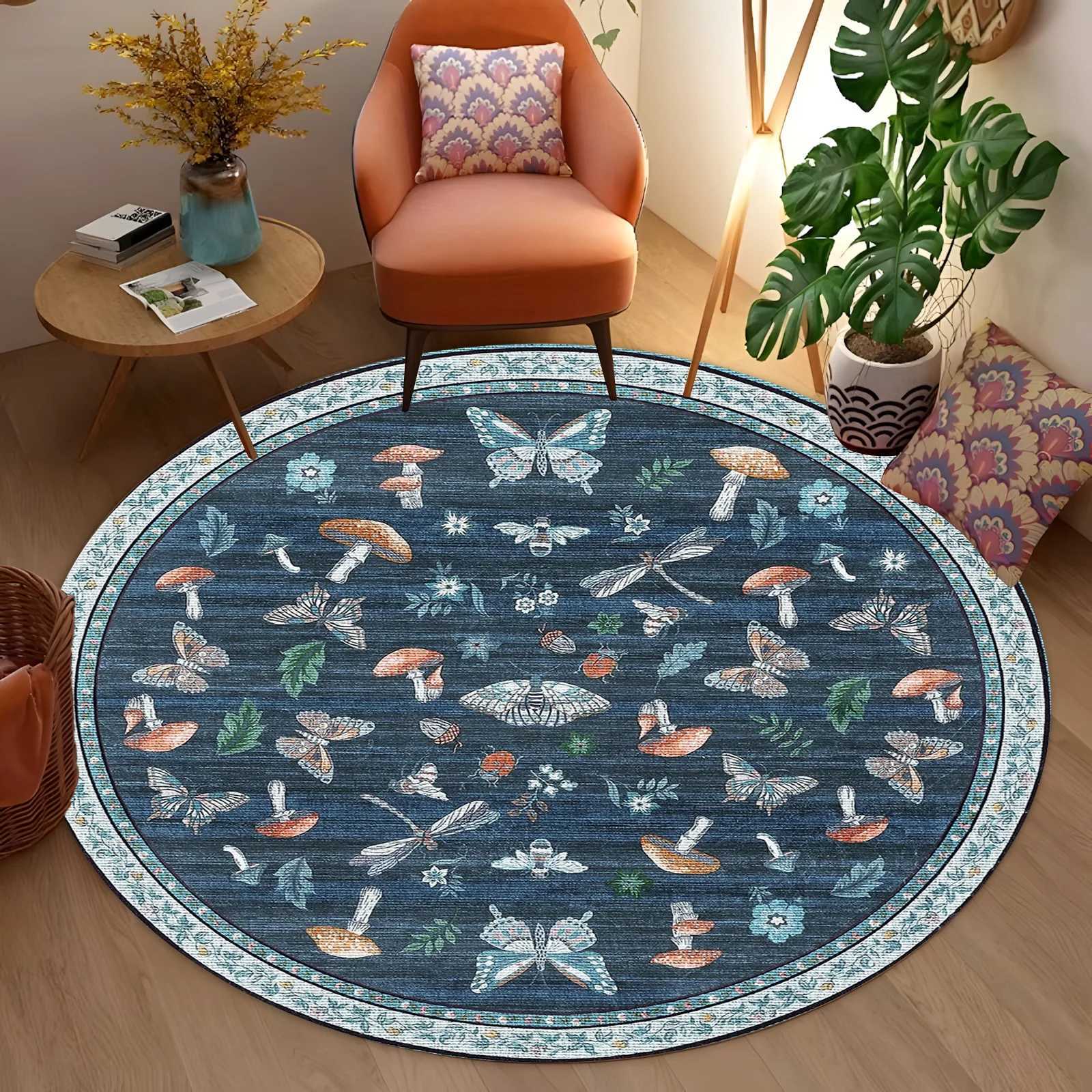 Round Blue Mushroom Butterfly Area Rug NonSlip Soft Carpet for Living RoomBedroom NatureThemed Home Decor Gift C250913