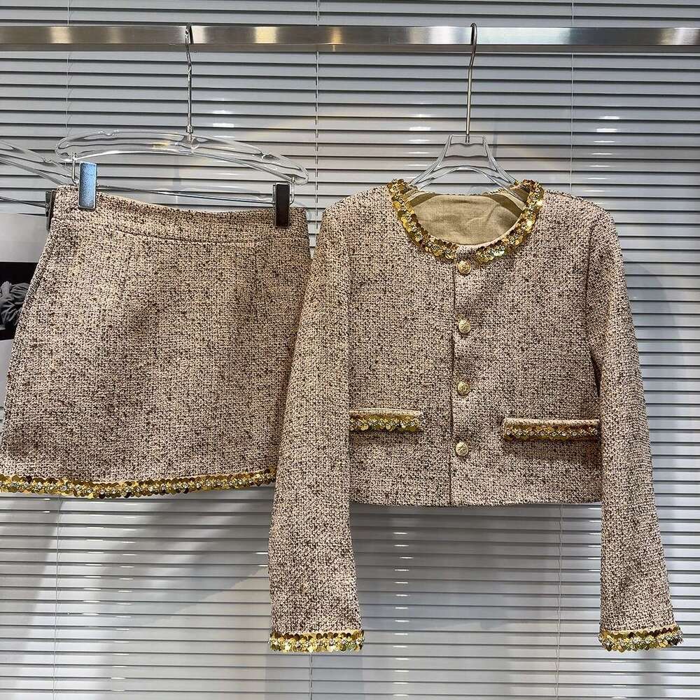 DHEssentials Sequin Street Style Tweed Chanel Outerwear Set for Women 2025 Autumn New High Waist Half Short Skirt