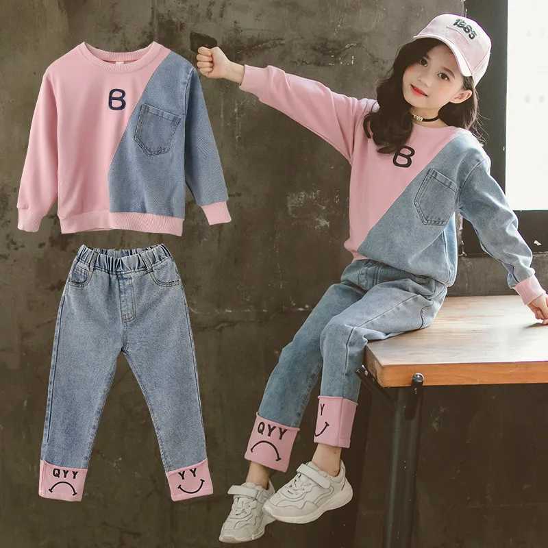 Baby and Girls Cotton Contrast Patchwork Alphabet SweatshirtDenim Pant Workout Set School Kids Tracksuit Child Outfit 314 Yrs C250913