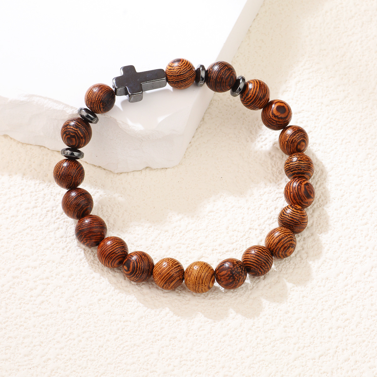 Black Gallstone Cross Beaded Men's Wood Grain Bracelet New Jewelry ddmymoon