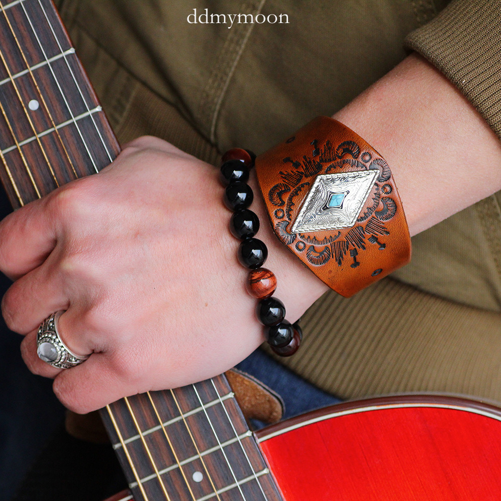 Cowhide Ethnic Style Emed Metal Triangle Blue Turquoise Leather Bracelet Trendy Men ddmymoon