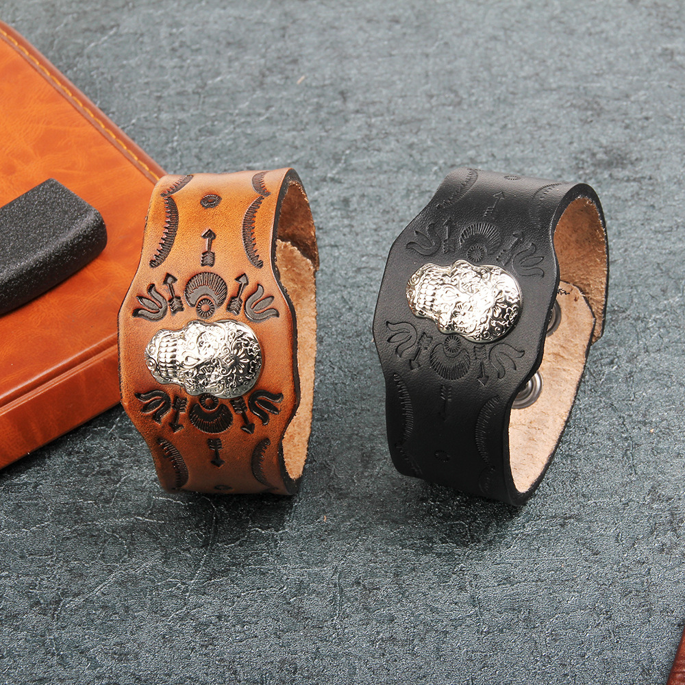Temu Hot Selling Punk Rock Style Men Skull Genuine Korean and Japanese Wide Leather Bracelet ddmymoon