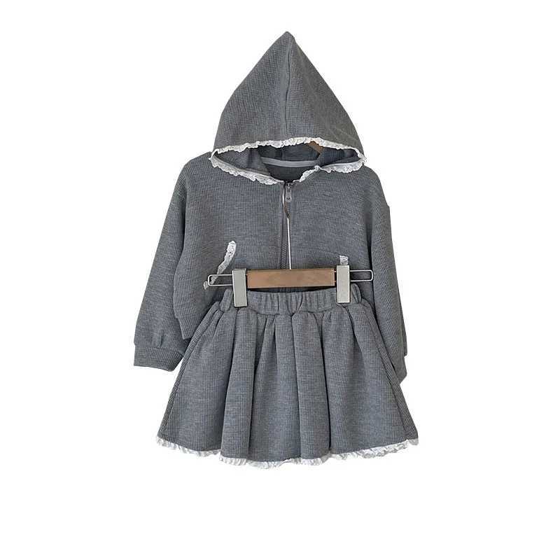 Girls Korean Version Sweet Set 2025 Spring New Lace Hooded Zipper Sweatshirt Jacket Lace Skirt Trend C250913