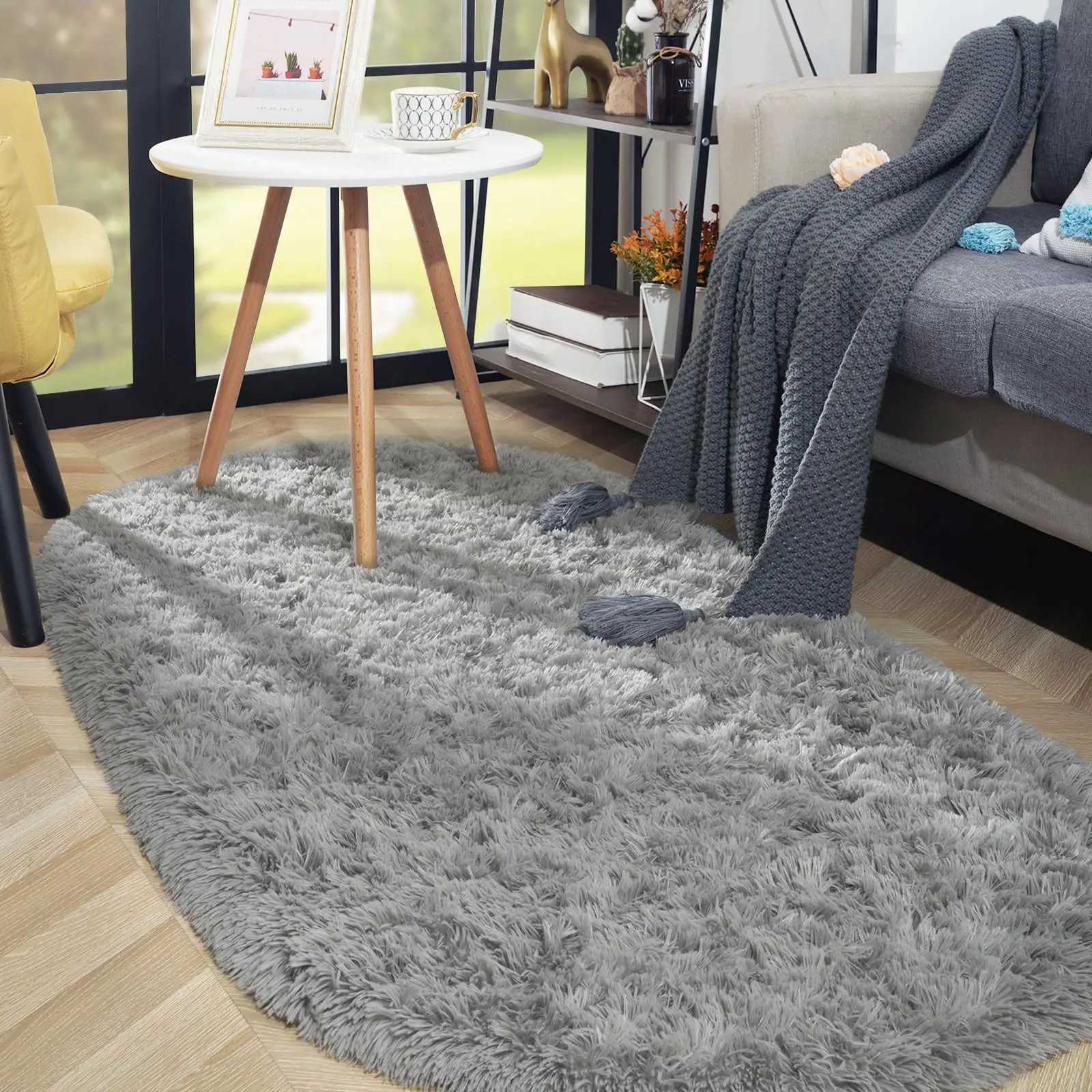 Oval For Living Room Furry Sofa Area Rugs Childrens Bedroom Bedside Rug Soft Plush Mat Nursery Carpet Home Decor Grey C913 H260226
