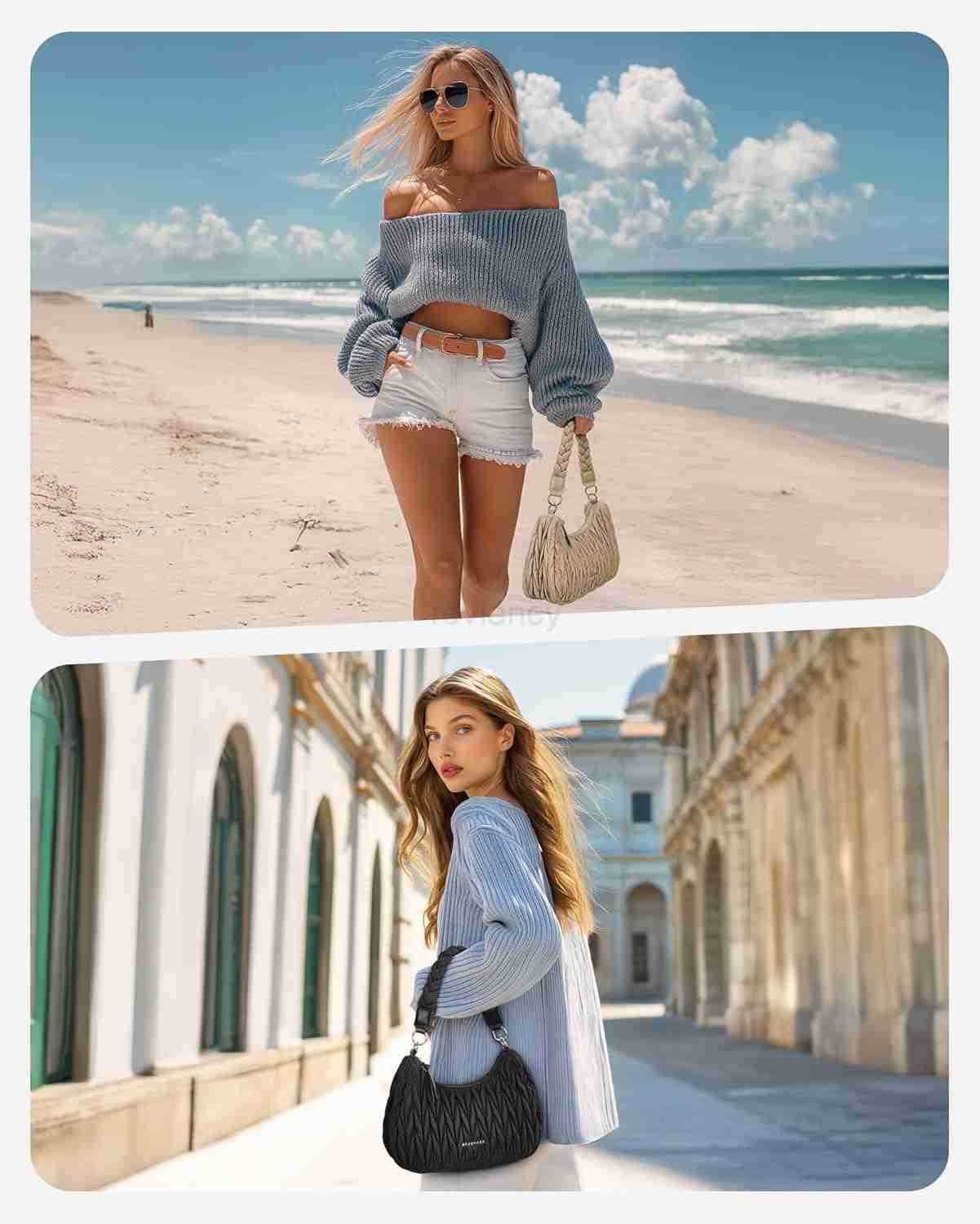 Small Shoulder Bags for Women Puffy Cute Purses for Women with Woven TopHandle Quilted Crescent Hobo HandbagW250913