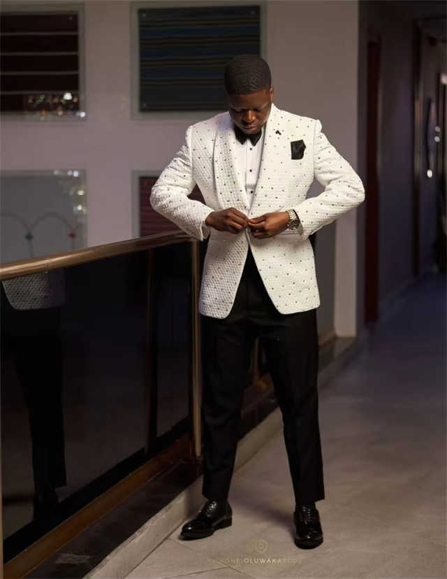 Plus Size Men Wedding Tuxedos Customized Beads Groom Jacket Sets Fashion Birthday Party Show Wear 2 Pieces
