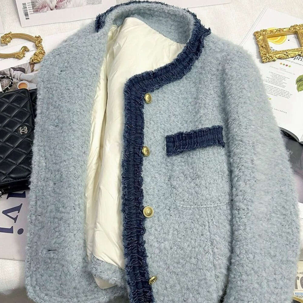 DHEssentials Lined with Fleece, Thickened, Patchwork Blue Style French Short Coat, New Autumn Winter Elegant High-end Top