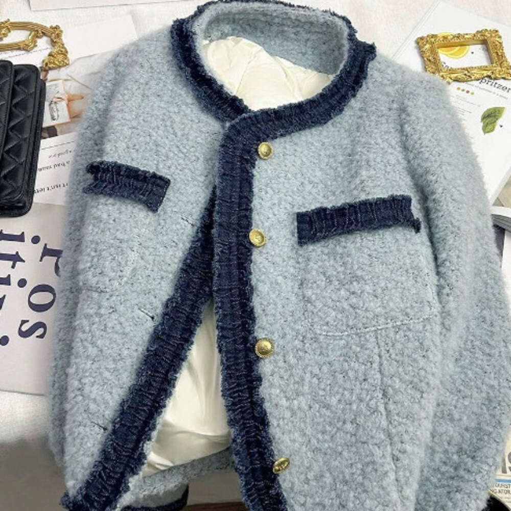 DHEssentials Lined with Fleece, Thickened, Patchwork Blue Style French Short Coat, New Autumn Winter Elegant High-end Top