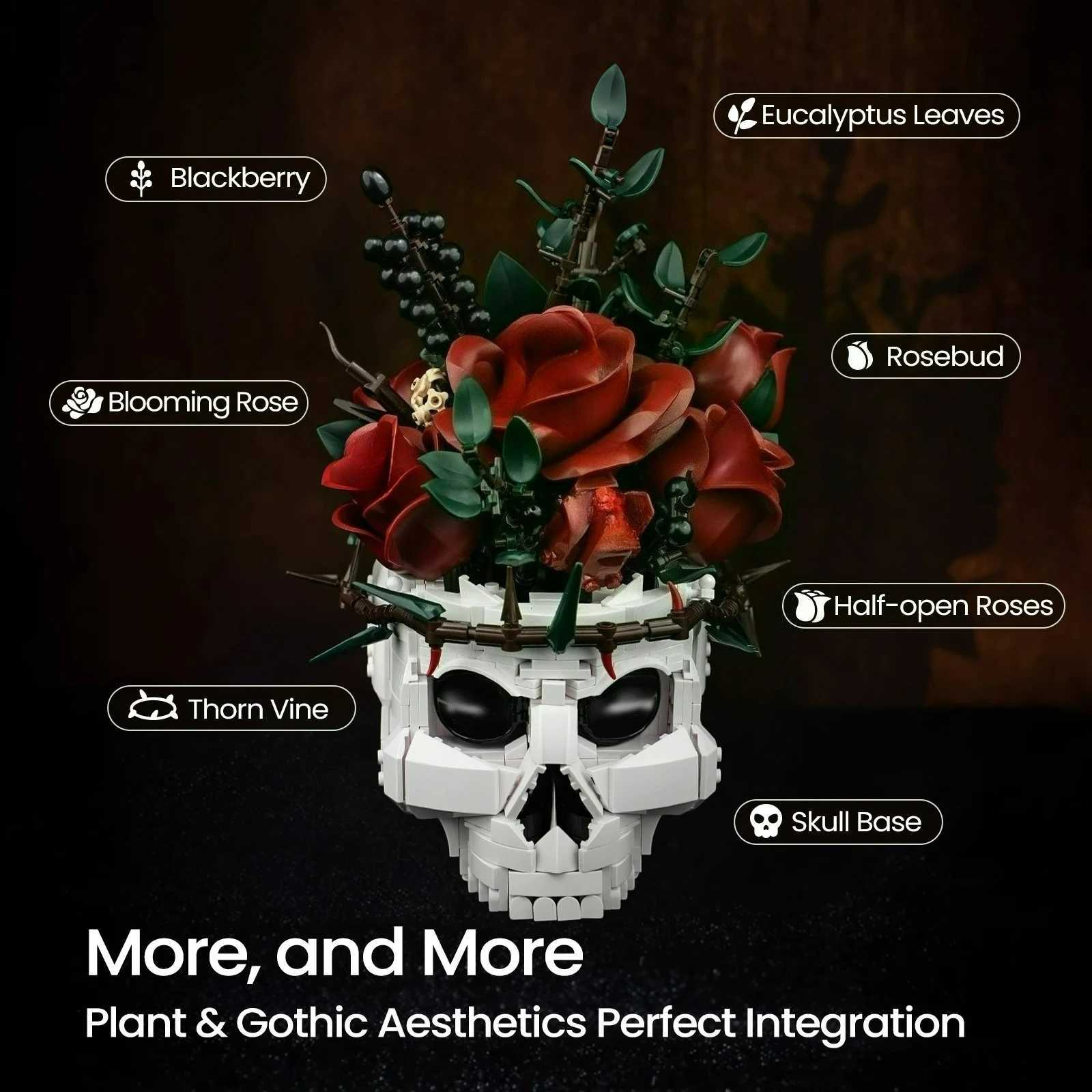 2025 Halloween Skull Roses Bouquet Building Set Skeleton Flowers Plant Pot Blocks Horror Gothic Home Decor Bricks Toys for Gift X250913