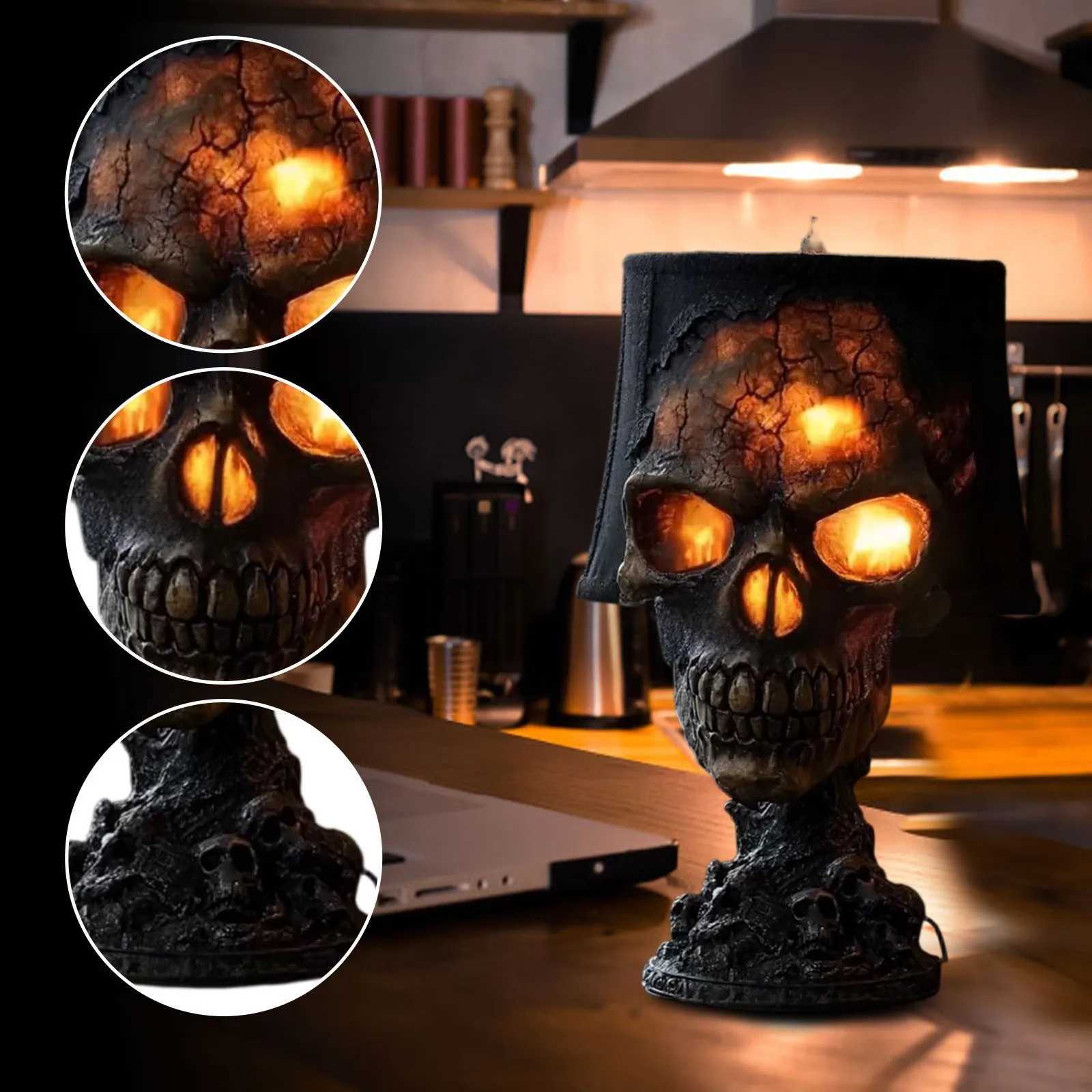 Natural Obsidian Glowing Skull Lamp Horror Halloween Night Light Hand Carved Crystal Stone Decor Moody Dark Fantasy Gift C250913