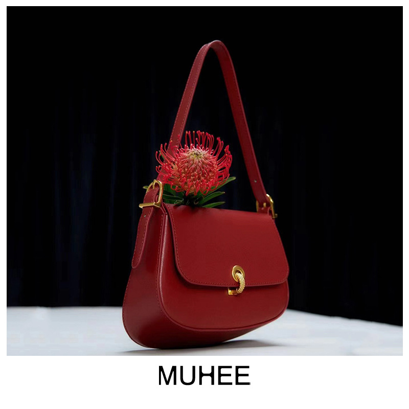 HERONG 2025 autumn new French niche single shoulder bridal bag versatile red small bag women's wedding bag soft leather