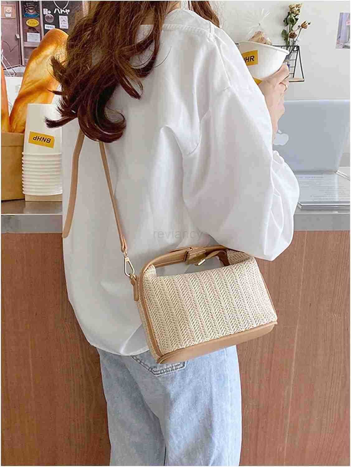 Womens Straw Clutch Purses Handmade Woven Top Handle Bag Zipper Crossbody BagsW250913