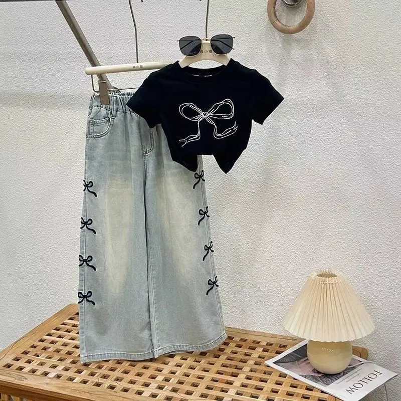 Girls Summer Thin Set Teenage Girls Wide Leg Jeans Tshirt 2piece Summer Childrens Clothing Set C250913
