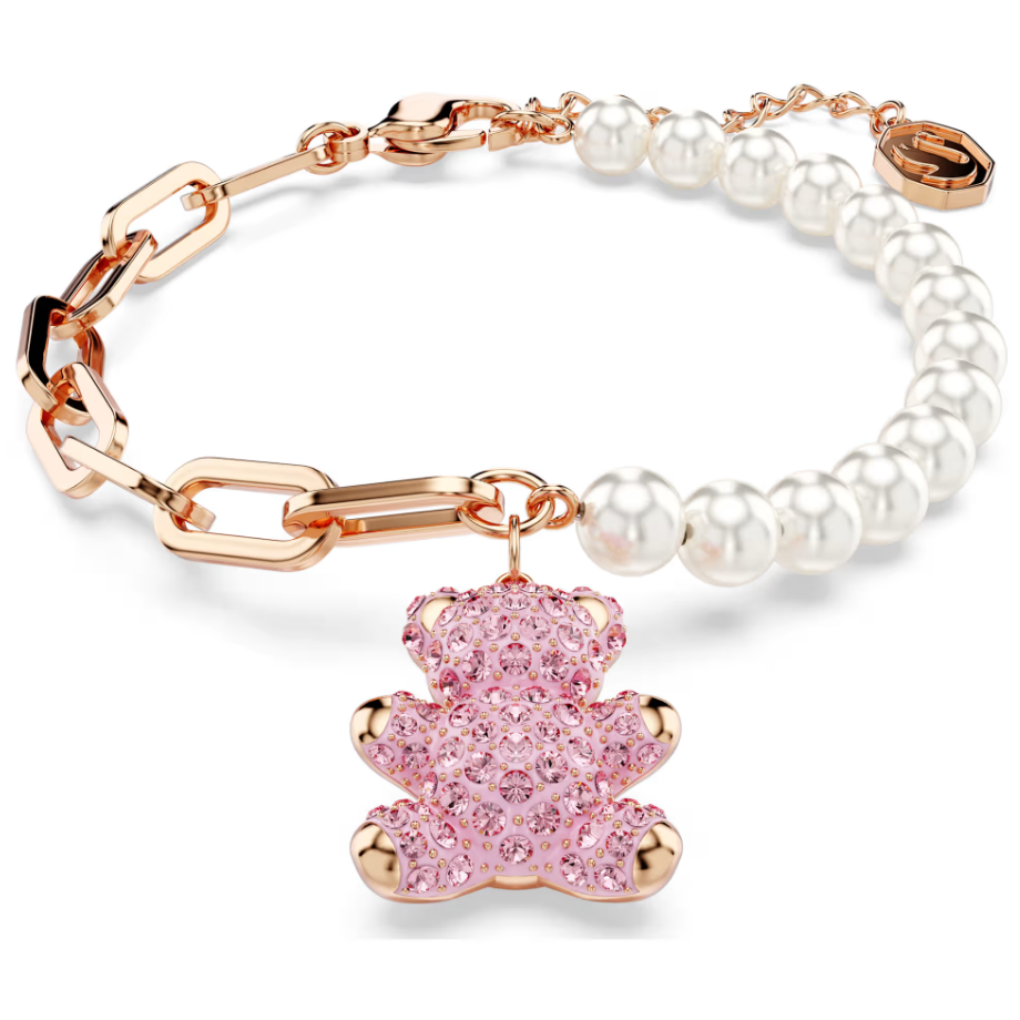 Rose Gold Plated Pave Crystal Bear Charm Link Bracelet 925 Sterling Silver Pink Zircon Stone Pearl Bracelet Adjustable Jewelry Christmas Gift For Women