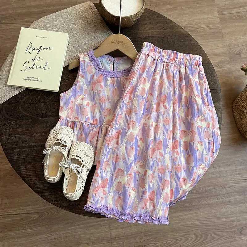 Childrens Clothing Sets Floral Print Sleeveless Top Wideleg Pants 2pcs Sets Toddler Girl Clothes Kids Boutique Clothes C250913