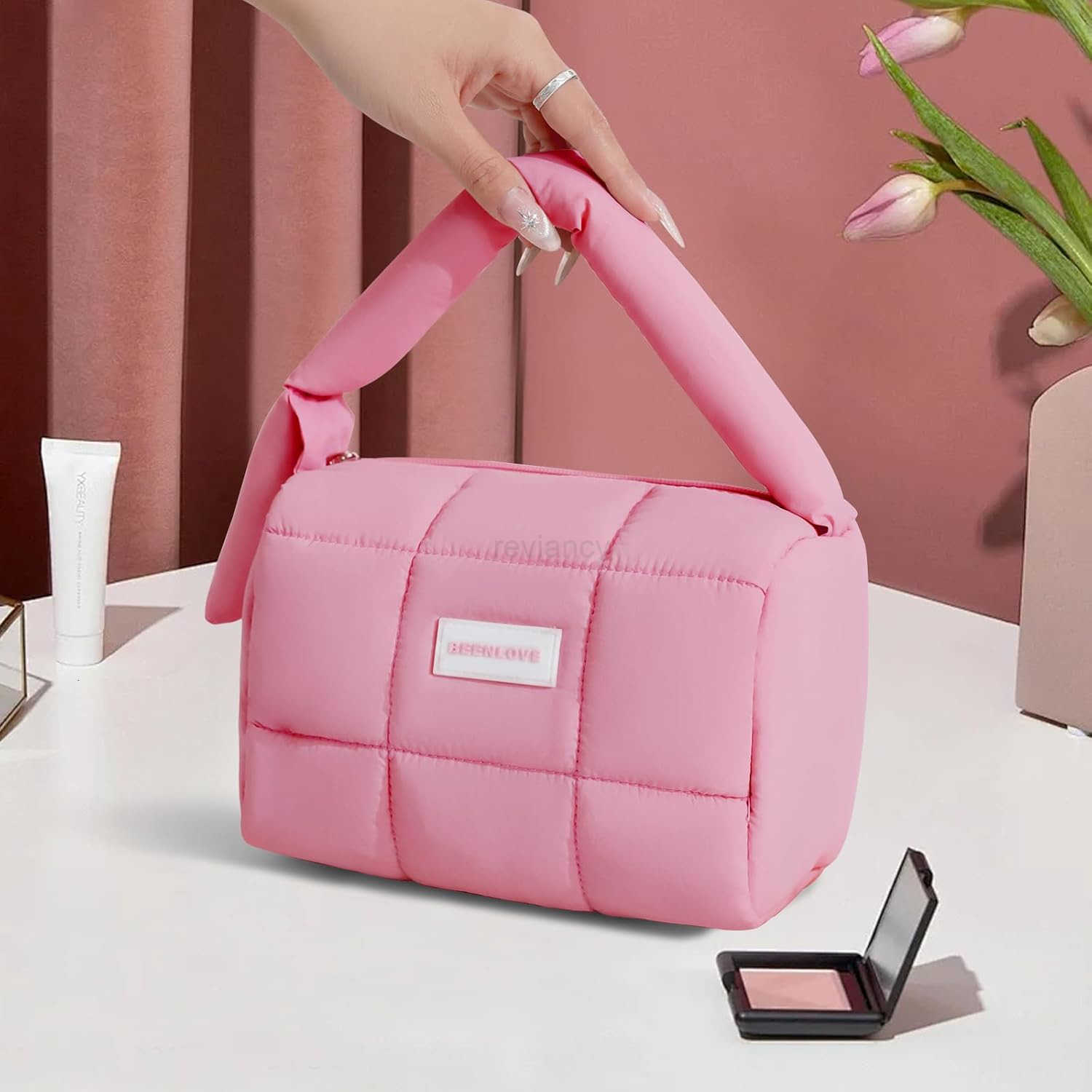 Cute Puffy Makeup Bag with Handle Quilted Cosmetic Organizer Bag Waterproof Travel Toiletry Pouch Portable Handbag with Zipper for Women and Girls Ros