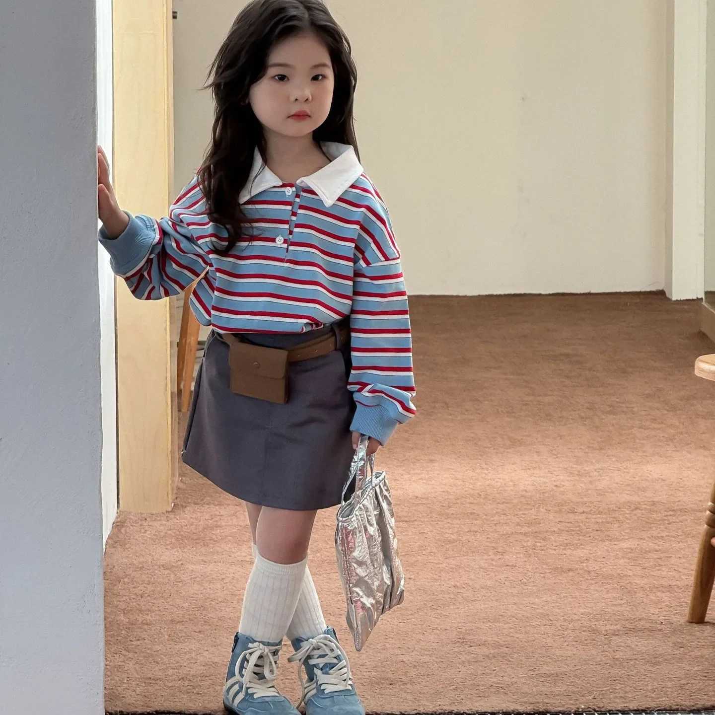 Girls Suit 2025 Autumn New Childrens Clothing Korean Style Girl Baby Print Stripe Retro Stripe Hoodie Bag Hip Skirt Two Sets C250913