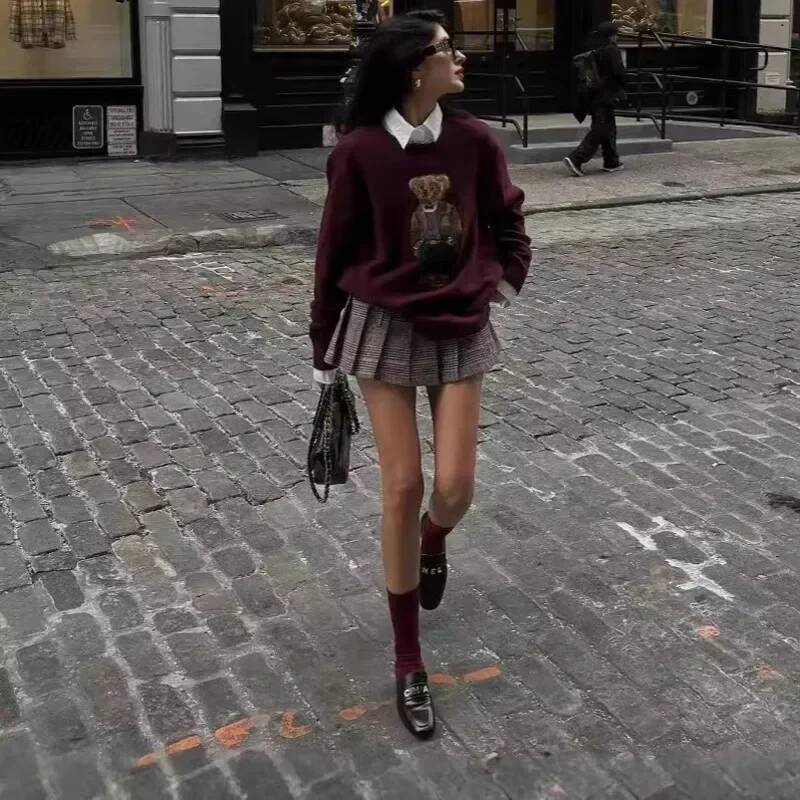 Zekye Winter Women's Clothing Bear Embroidery Round Neck Slim Fit Sweater Cartoon College Style Knitted Oversized Y2k dongdumaoyi