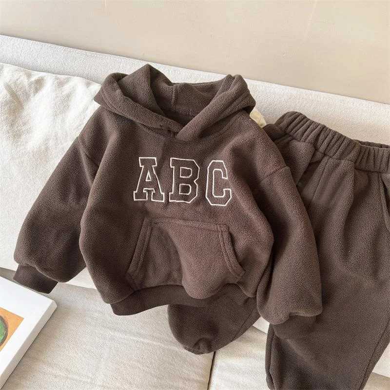 Children Autumn Winter Letter Plus Velvet Warm Hoodies Set Boy Girl Baby Fleece Thick TopsPants 2pcs Kid Cotton Sweatshirt Suit C250913