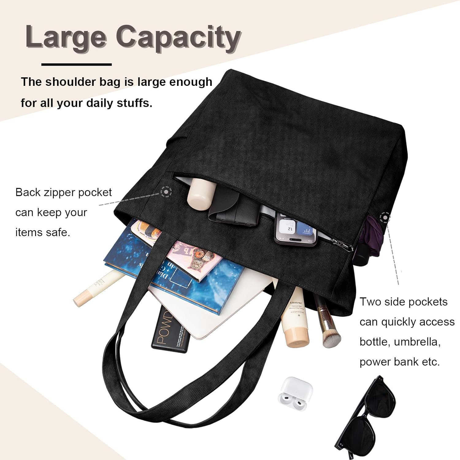 Corduroy Tote Bag for Women with Zipper Large Shoulder Bag Handbag for Work School Shopping Travel Gym VacationW250912