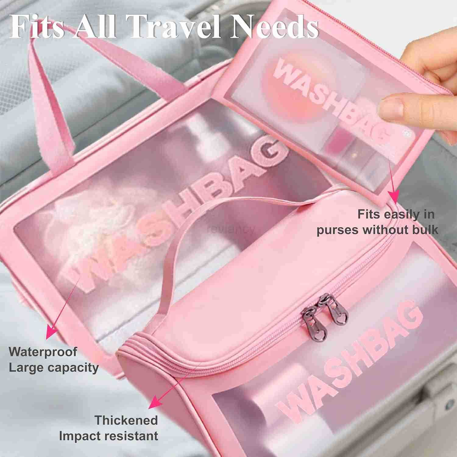3Pack Travel Toiletry Bag Set Waterproof PVC Makeup Bag Translucent Hanging Toiletry Bag for Women Different Size Makeup Organizer with Handle Zipper 