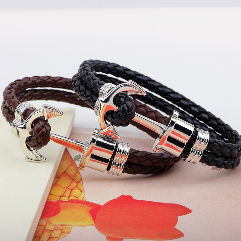Style Leather Woven Metal Anchor Hip Hop Personality Men's Bracelet Versatile High-end Feel ddmymoon