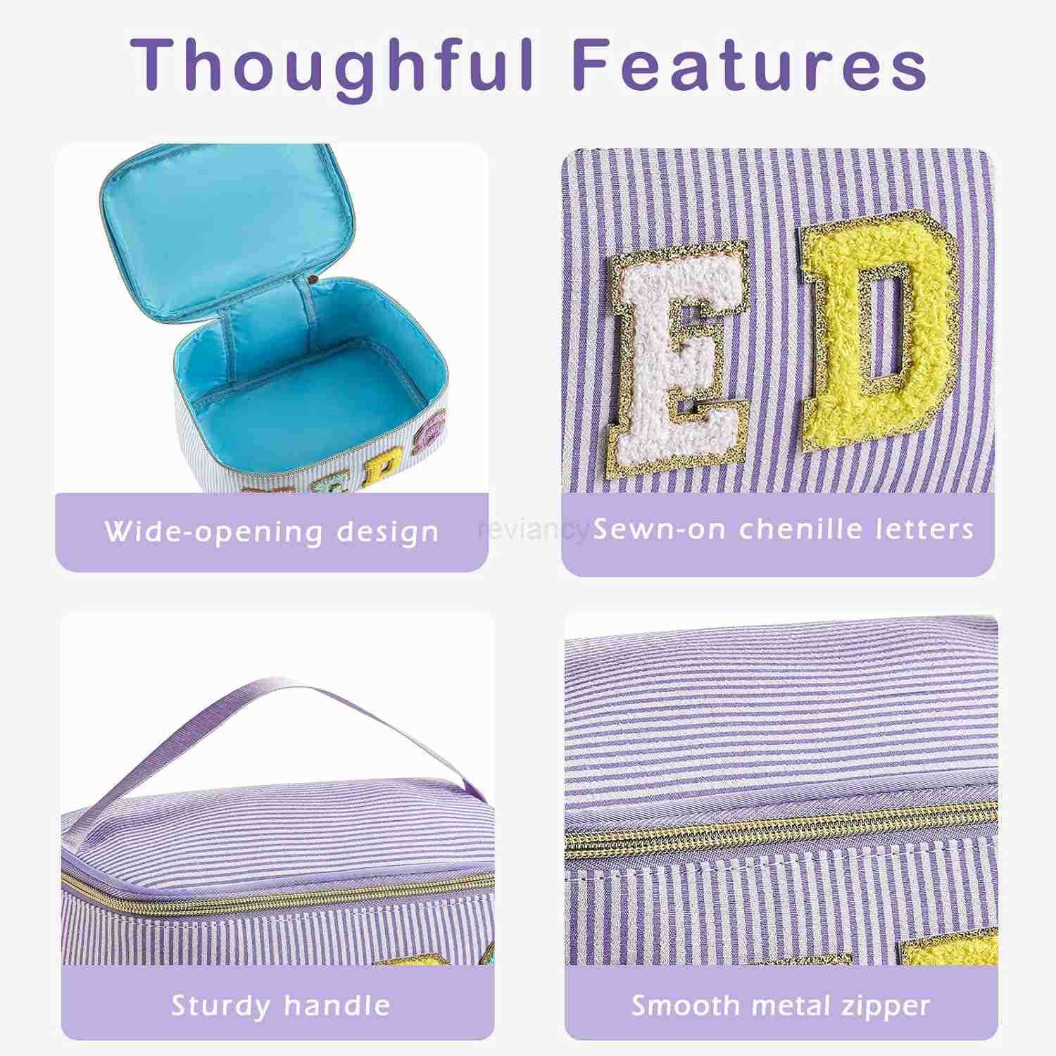 Personalized Chenille Letter Seersucker MEDS Makeup BagLarge Size Medicine RX Cosmetic Bag with Top Handle First Aid Travel Organizer Bag for Women Gi