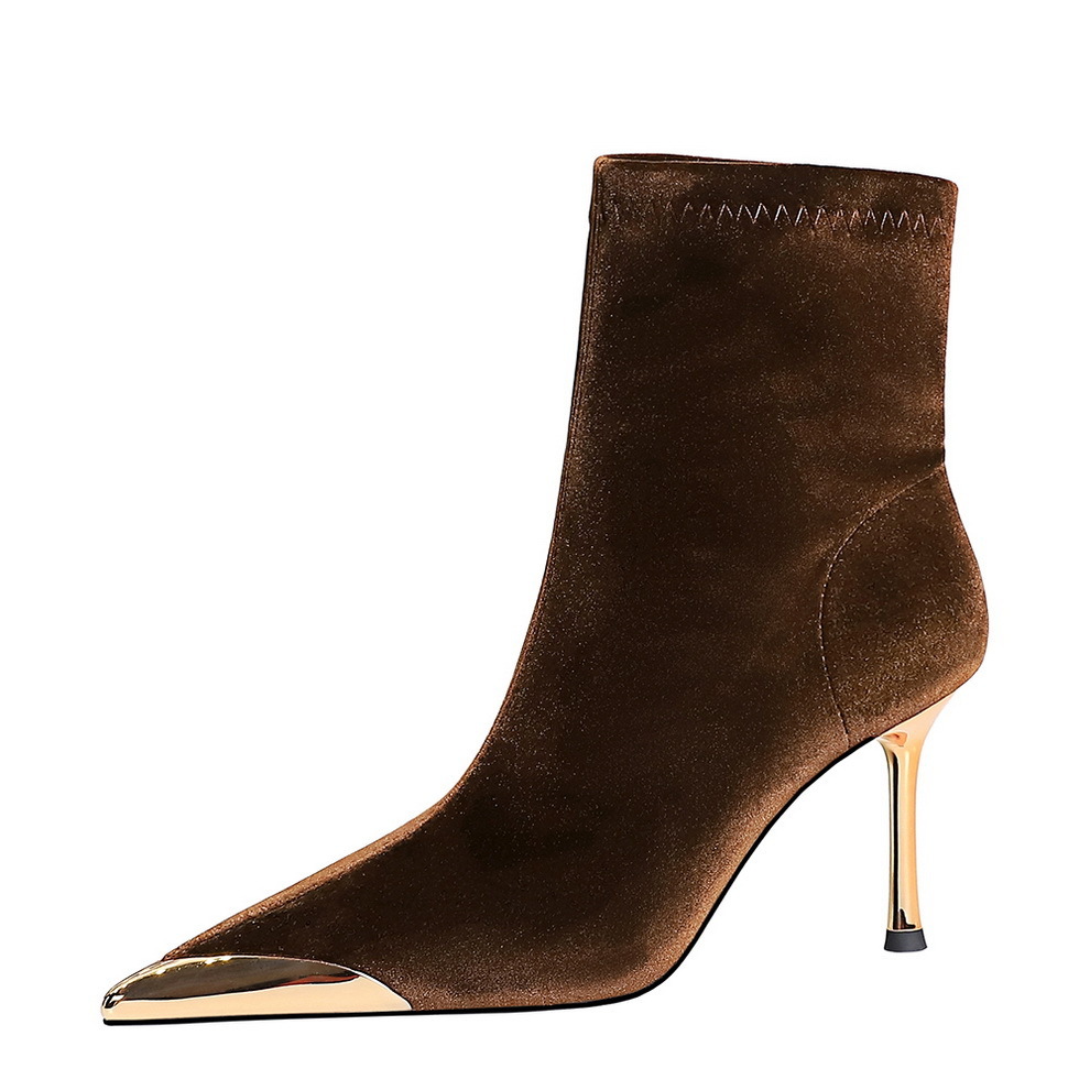 319-10 Wind Banquet Short Boots for Women, Ultra High Heels, Thin Heels, Shallow Mouth, Metal Pointed Toe, Xishi Velvet Short Boots f6 e8
