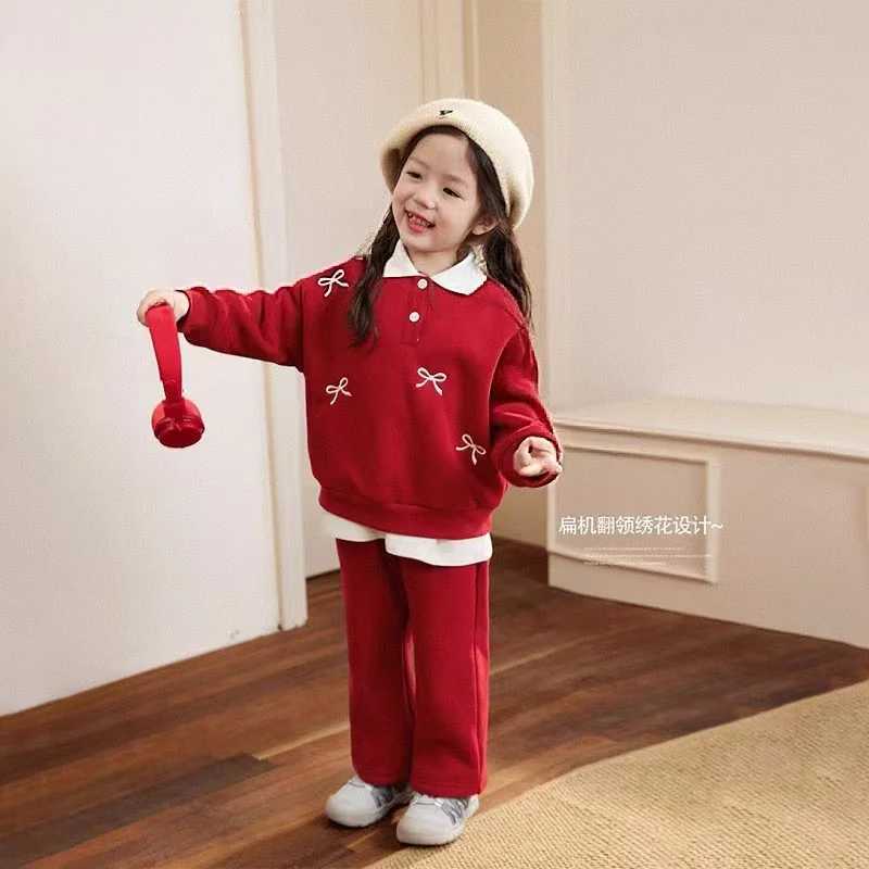 Girls Autumn Sets Childrens Fleece Sweatshirt Suits Kids Winter Bow PulloverPants 2Pcs Outfits Baby Teenager Fashion Clothing C250913