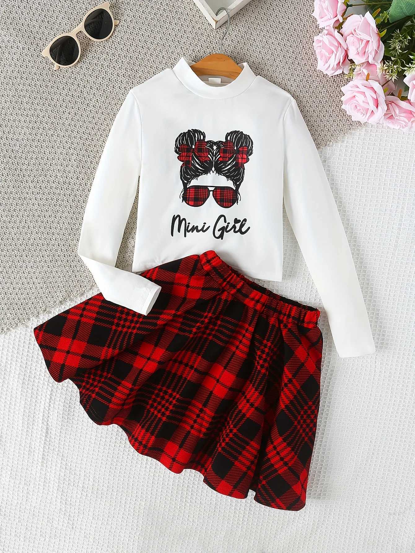 Girls Skirt Suit Spring Fall LongSleeved Bottoming Shirt Medium and Large Childrens Girls Top Plaid Skirt TwoPiece Set C250913