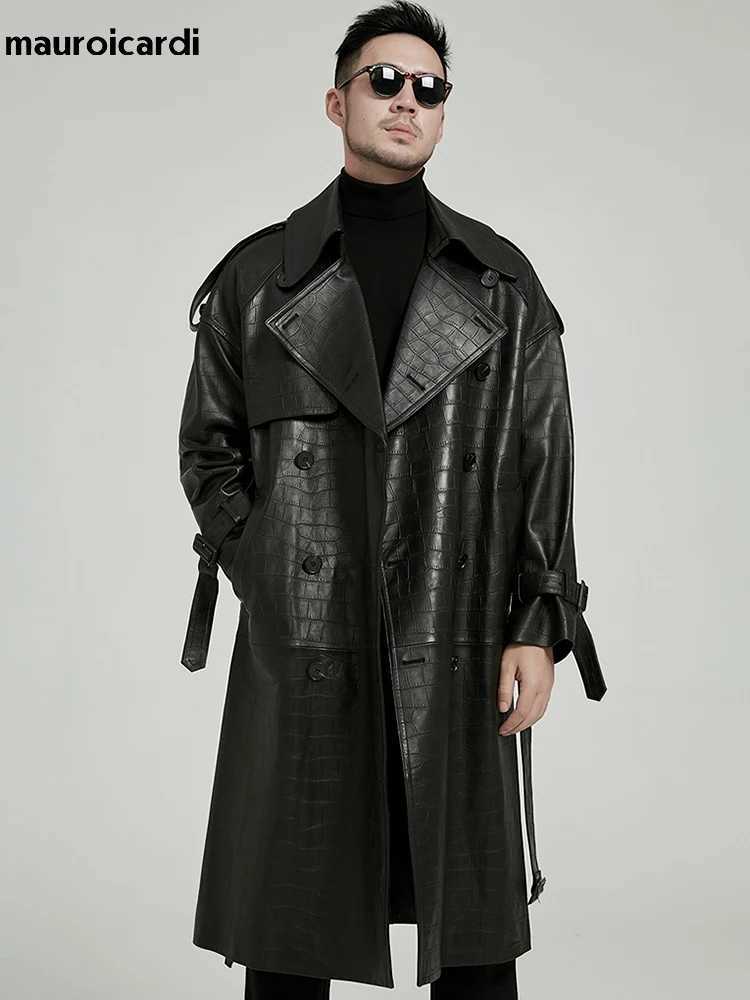 Mauroicardi Spring Autumn Long Black Crocodile Print Pu Leather Trench Coat Men Belt Double Breaste Runway European Fashion 2023 W250913