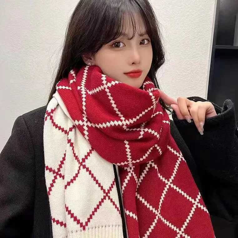 Wens Red Winter Scarf Korean Sty Plaid Knit Wool Neck Warmer Fashion Student Casual Warm Soft Wrap for Cold Weather G250912