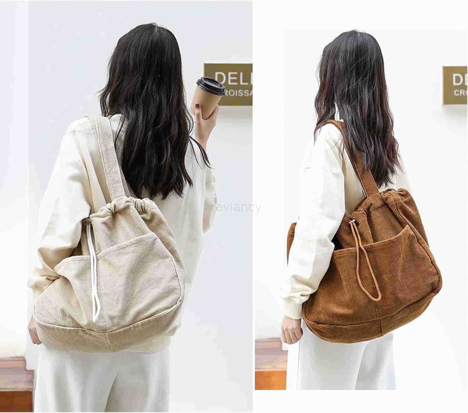 Corduroy Tote Bag for Women Large Capacity Corduroy Bag Work Drawstring Bags with Inner Pocket Office Tote HandbagW250913