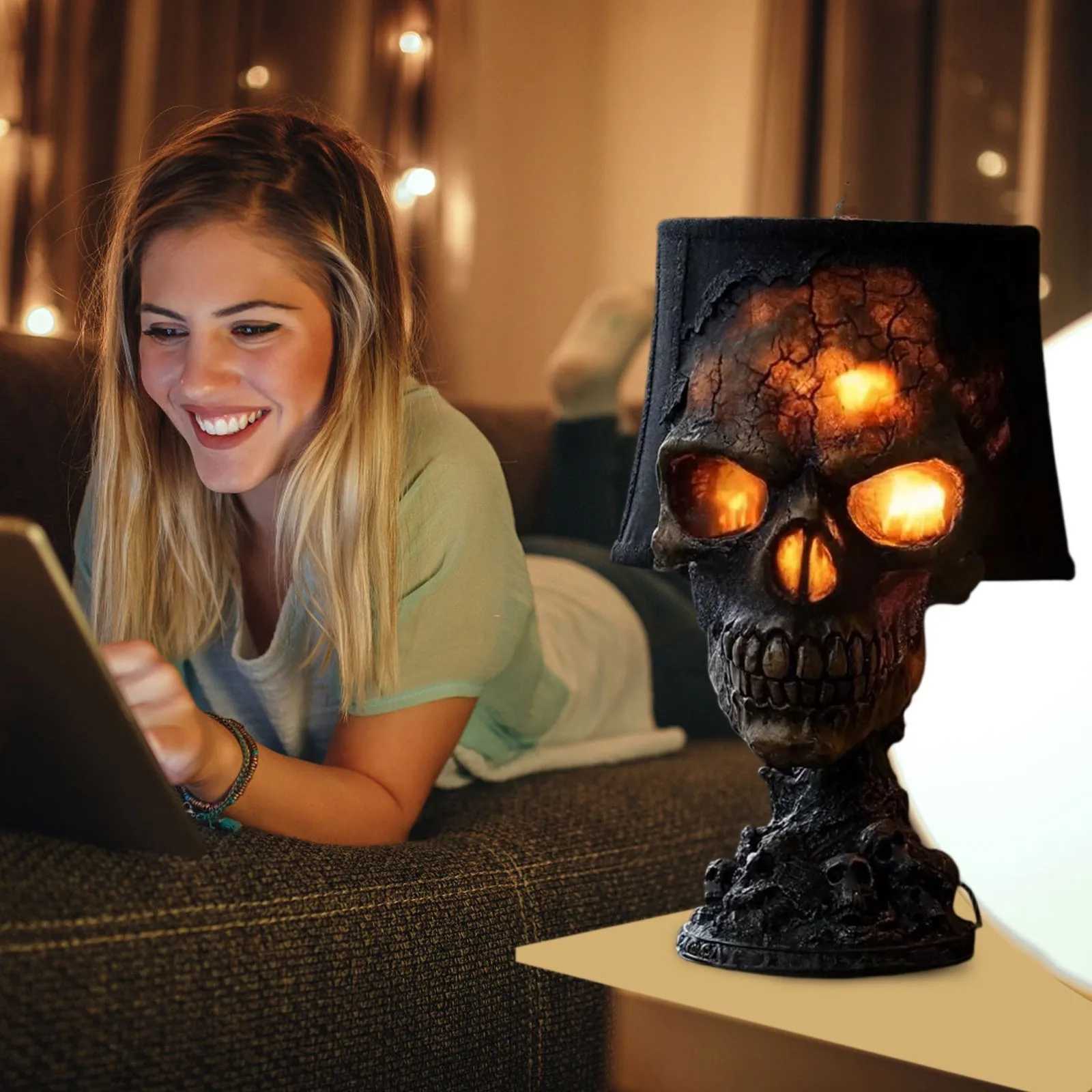 Natural Obsidian Glowing Skull Lamp Horror Halloween Night Light Hand Carved Crystal Stone Decor Moody Dark Fantasy Gift C250913