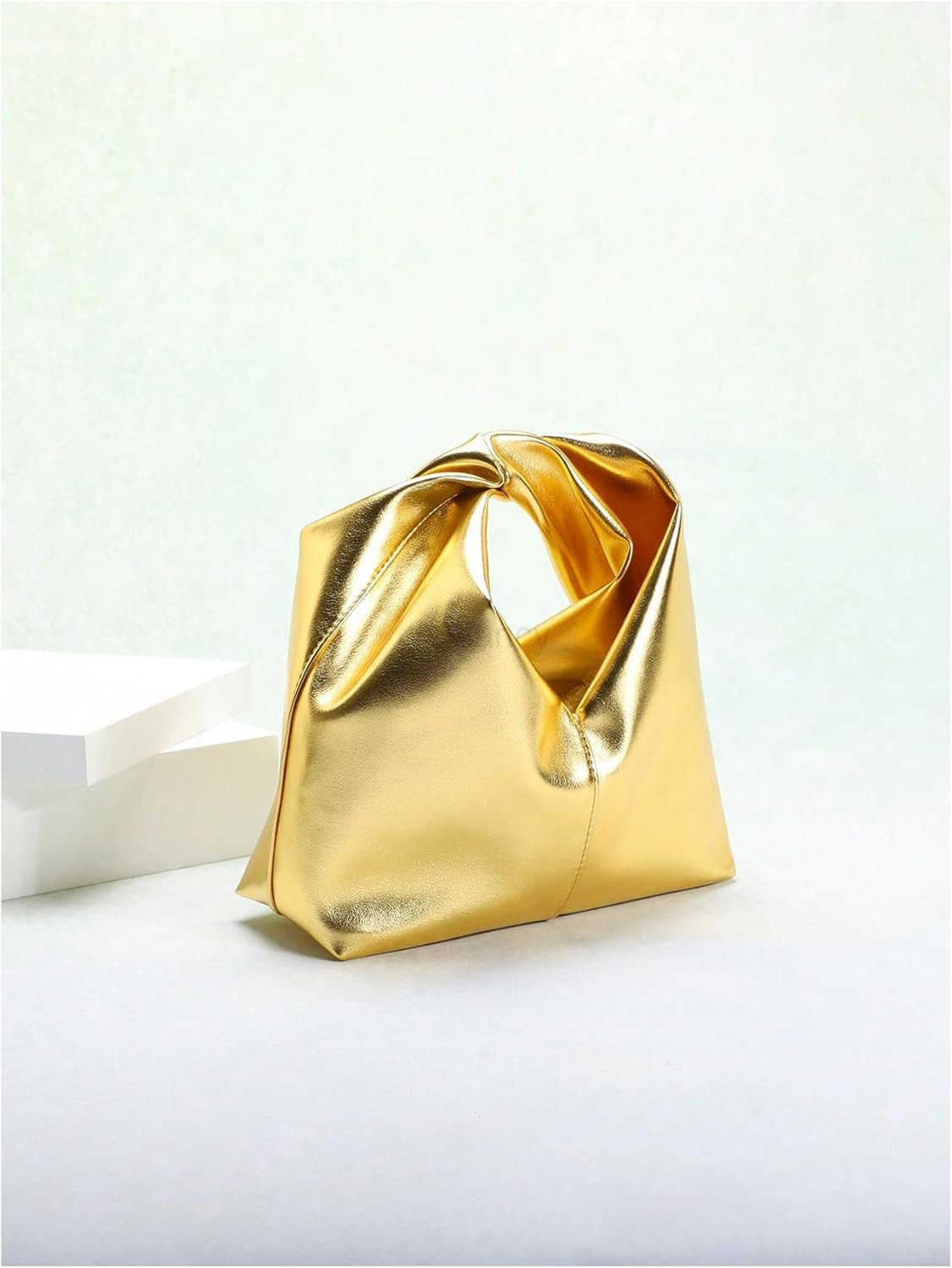 Womens Clutch Bags Metallic Twist Ruched Top Handle Bag PU Leather HandbagsW250913