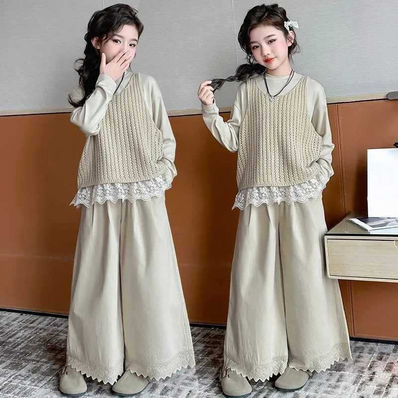 Knitted Vest Lace Top Wideleg Pants Koreanstyle Threepiece Set 3Piece Girlss Sets Girl Long Sleeve Childrens Clothing C250913