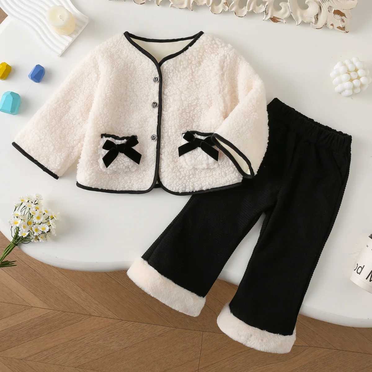 Childrens Clothing Sets Bow Lamb Wool Long Sleeve Fleece Pants 2pcs Sets Toddler Girl Clothes Kids Boutique Clothes C250913