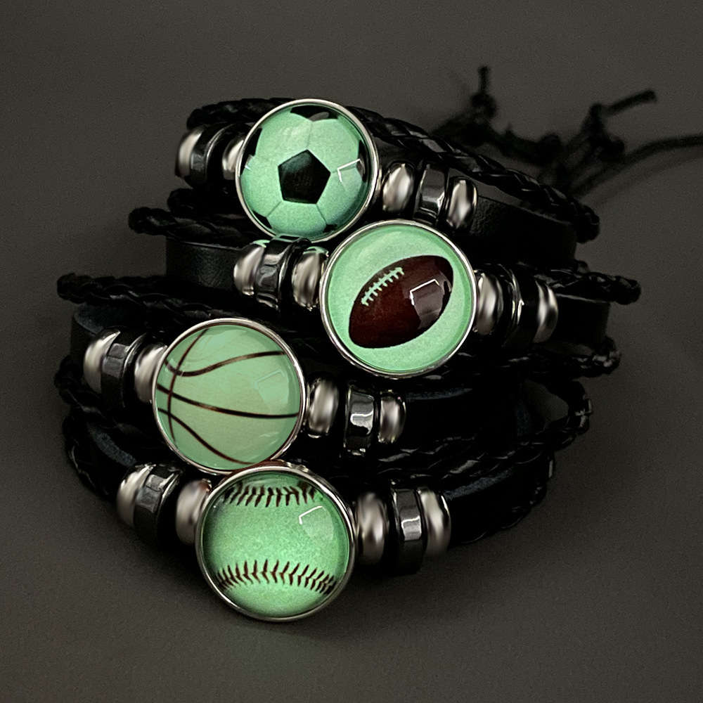 Luminous Leather Basketball Football Baseball Cowhide Woven Bracelet Glass Buckle Fluorescent Wristband ddmymoon