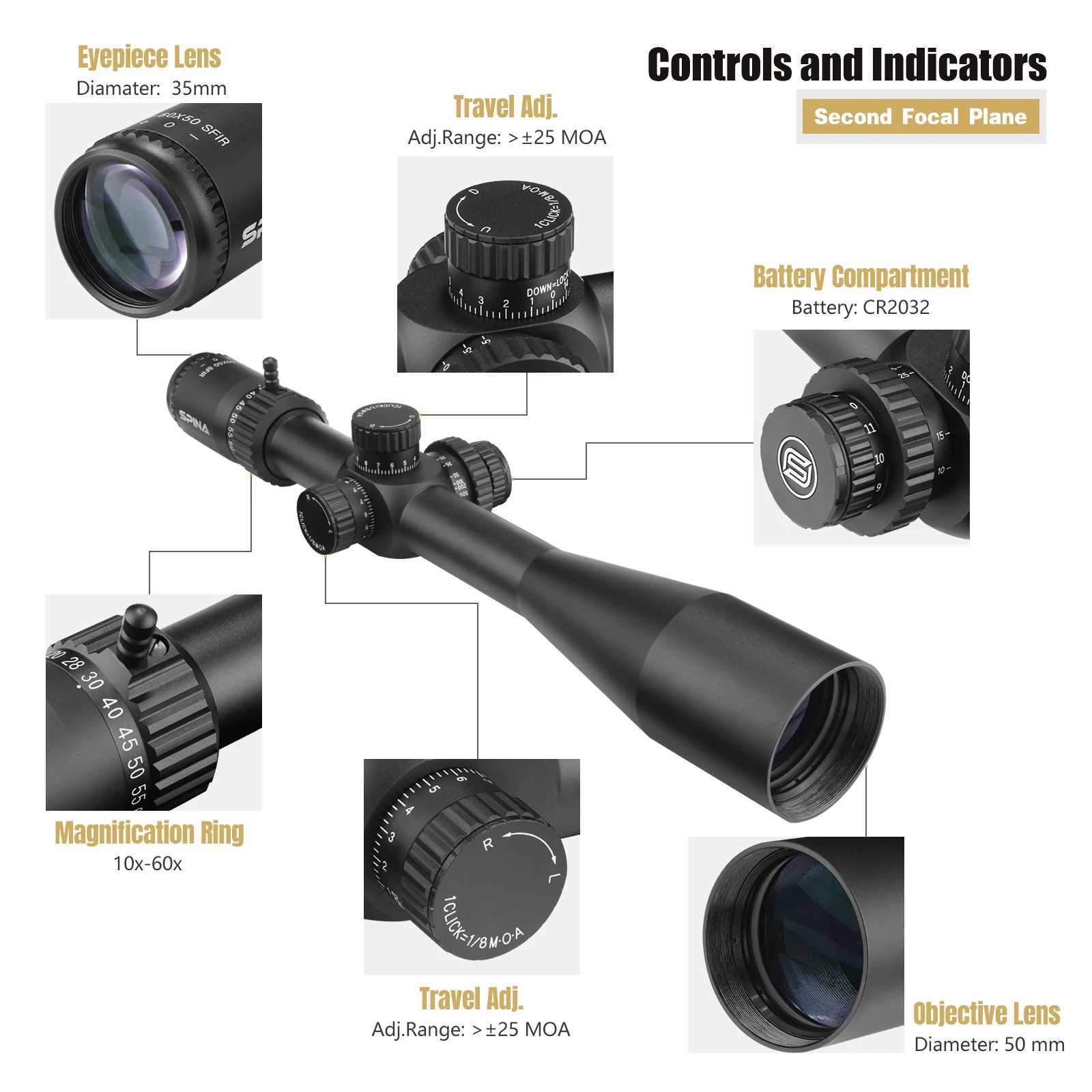 SPINA OPTICS HD 060x50 PCPCarbine Rifle Scope Hunting Turrets Lock Reset Side parallax Adj Sight Fit308556 762etcW250913