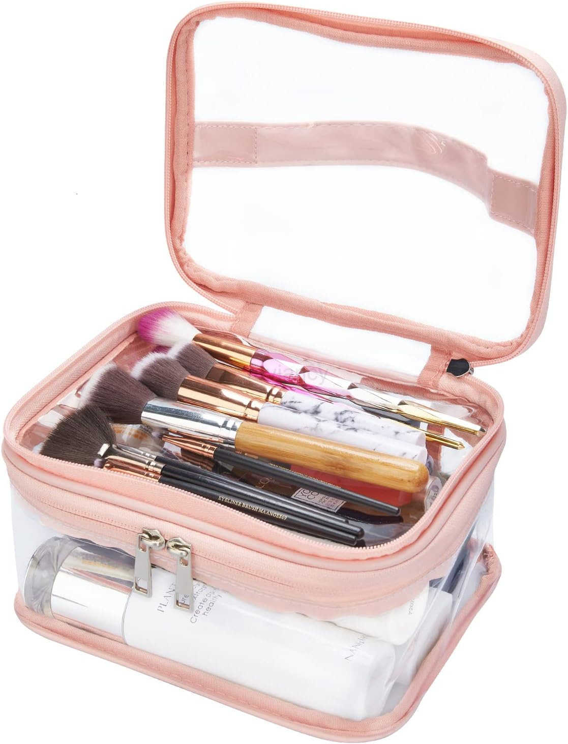 Double Layer Clear Cosmetic Bag Makeup Bag Waterproof Travel Toiletry Bag Transparent PVC Hair Nail Accessories Pouch Beach Bag Organizer PinkW250913