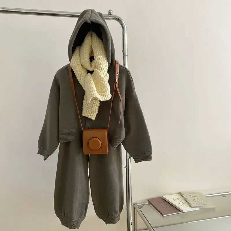 Childrens Sets Girls Spring Autumn Korean Casual Sweater Versatile Hooded Knitting Coat Two Piece Set Soild Elastic Waist C250913