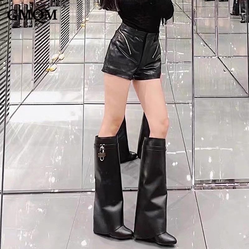 Designer GMQM Brand Luxury New Knee High Women's Boots Shark Lock Metalic Genuine Leather Long Thick Soled High-heeled Designer Shoes size 35-42