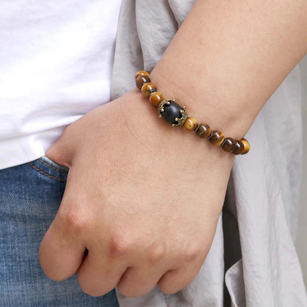Classic Punk Style Tiger Eye Volcanic Map Stone Men's Crown Elastic Bracelet ddmymoon
