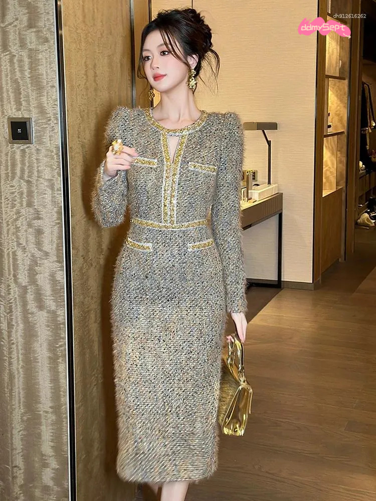 Two Piece Dress Women Clothes Vintage Tweed Hollow Sexy O-Neck Slim Midi Pencil Elegant Fashion Evening Party Vestidos Formal Ocn ddmythur